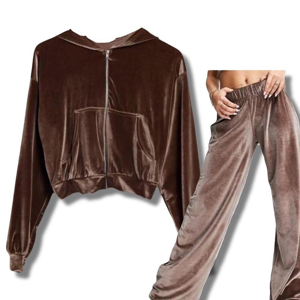 Fashionkilla exclusive velour wide leg pants and zip up in mink